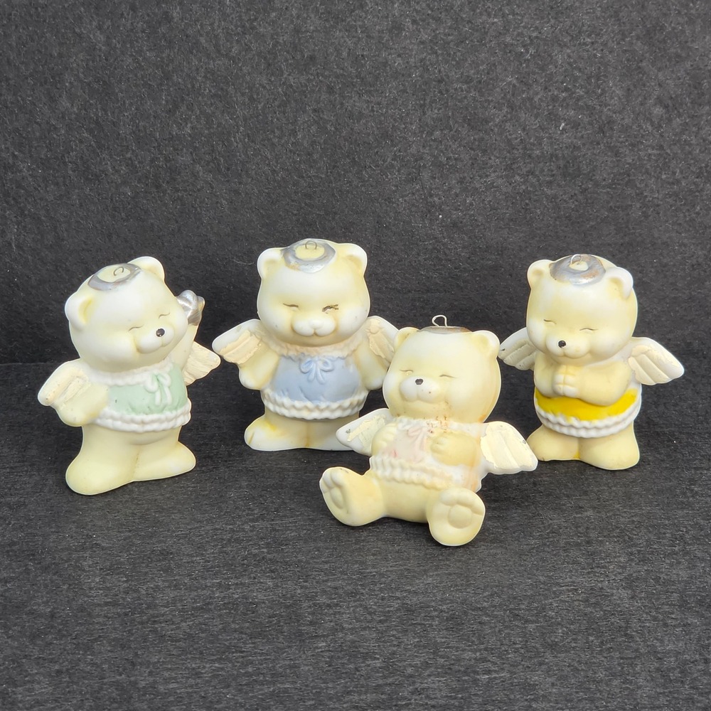 Vintage Angel Bear Ceramic Ornaments Set of 4 Yellow White 2.5in Good Condition